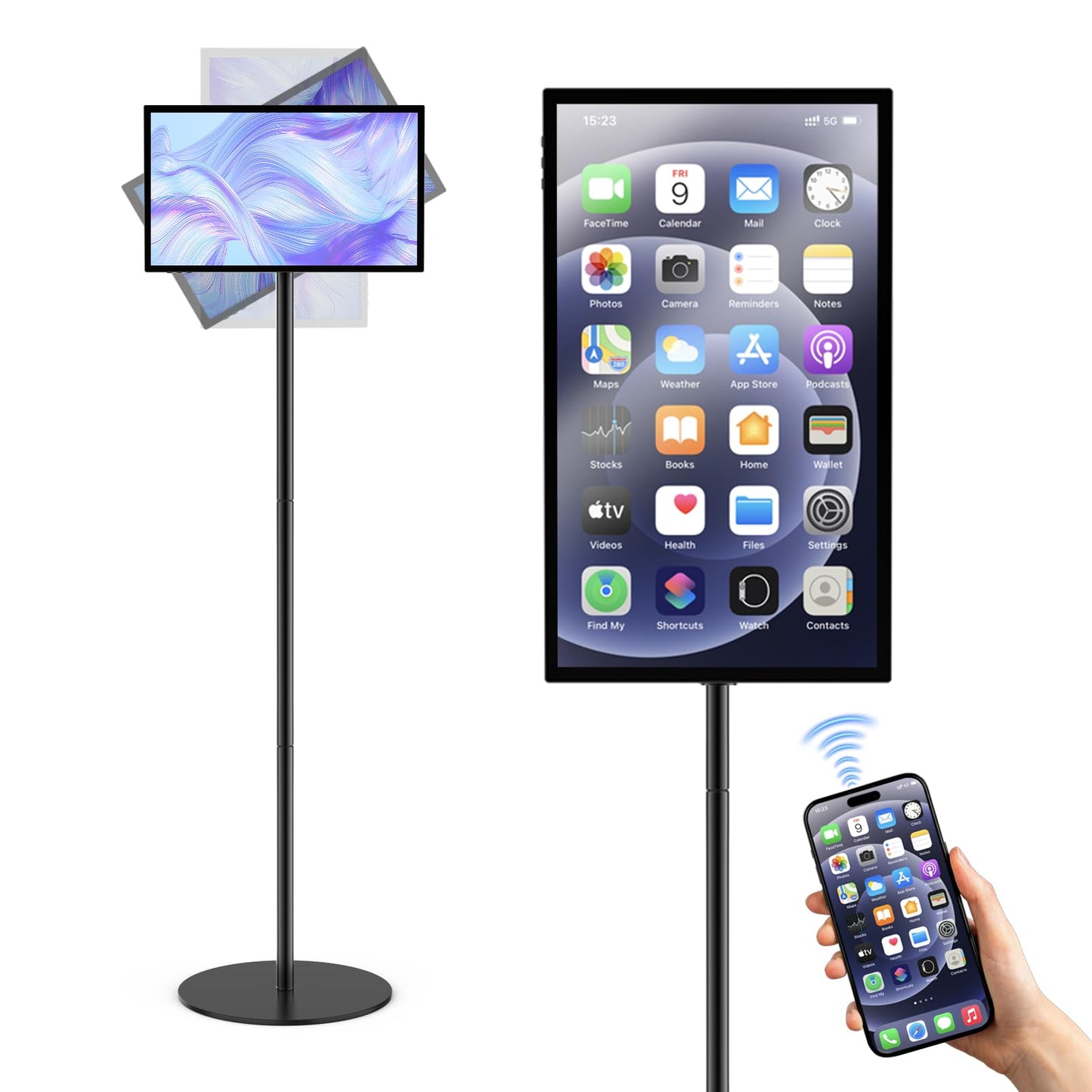 QIXZOCV 15.6" Digital Signage, Capacitive Touchscreen Advertising Display, Adjustable Stand, Android OS Interactive Kiosk, Wireless Screen Mirroring, 4+64GB, Multiple interfaces Available