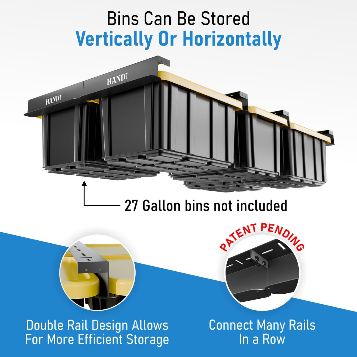 USA Based Overhead Garage Storage Rack, Connectable Heavy Duty Metal Ceiling Rails Garage Storage Organization Shelving System, Hanging Racks Tote Containers, Supports Up To 6 Bins, 4 Sets Black