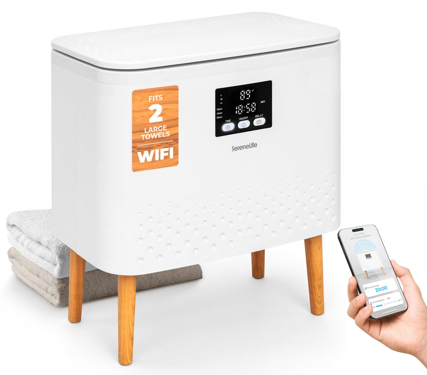 SereneLife WiFi-enabled Towel Warmer Bucket, 20L Large Capacity heater bucket for Towels Blanket and robes, Single-Touch Control, rectangular & Energy-Efficient Design, Auto Shut-Off, White