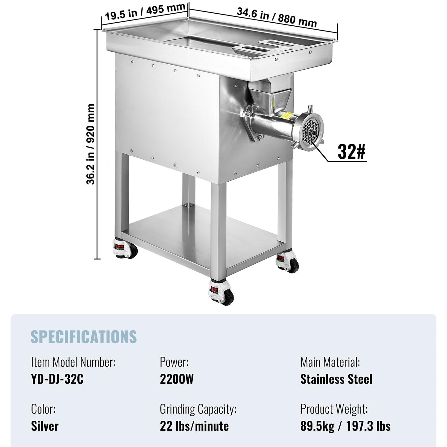 VEVOR Commercial Electric Meat Grinder, 22 Lb/Min Cabinet Meat Grinder, 2200W Industrial Grinder with Blade, Grinding Plate, Sausage Maker, Stainless Steel Meat Mincer Machine for Kitchen, Restaurant