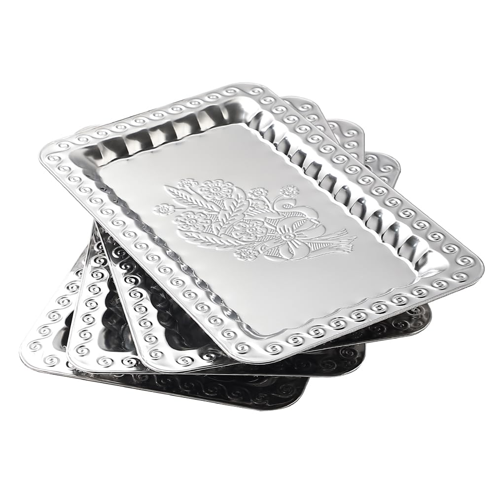 4-Pack Silver Serving Trays Set - ZENOVLUX Swirl Floral Engraved Mirror Decorative Tray, 13.8" x 8.7" Party Platters for Easter, Food, Appetizer, Charcuterie, Cookies, Desserts