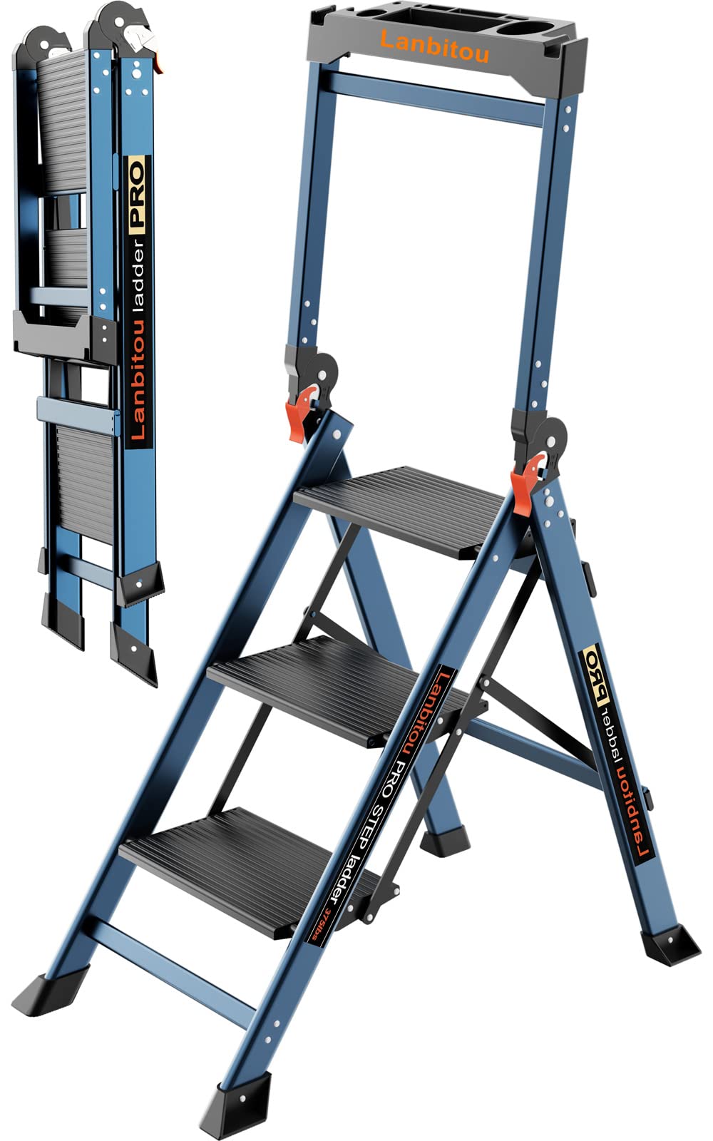 Ladder Pro 3 Step Ladder with Handrails, Aluminum Heavy Duty Ladder, Wide Step & Anti-Slip Feet, Lightweight Portable, Folding Storage Ladders for Home Family Indoor RV Kitchen
