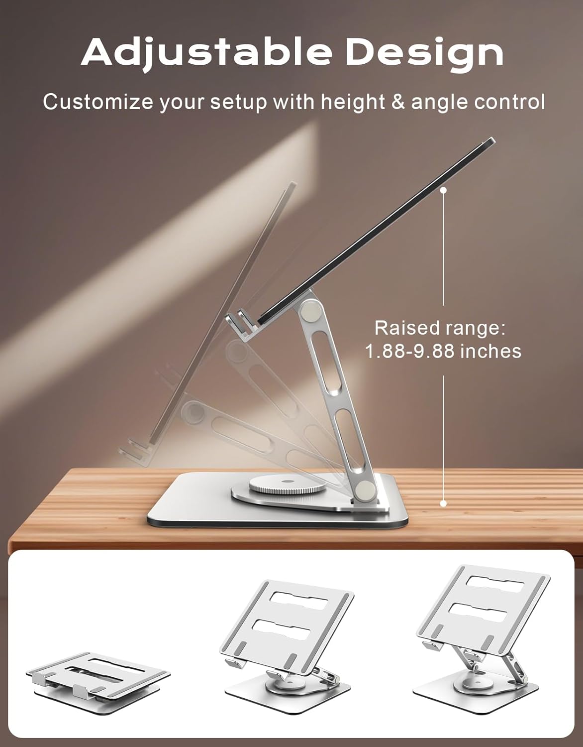 360 (10-16") RIWUCT Rotatable Laptop Stand for Desk Adjustable Height, Ergonomic Laptop Riser Holder with Dual-bar