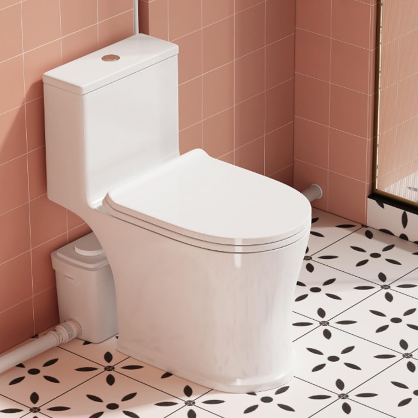 750W Macerating Toilet System, Upflush Toilet with Macerator Pump For Basement,Copper Motor Pump, Non-clog Stainless Grinder Housing, Quiet Operation, One Piece Full Skirt Toilet