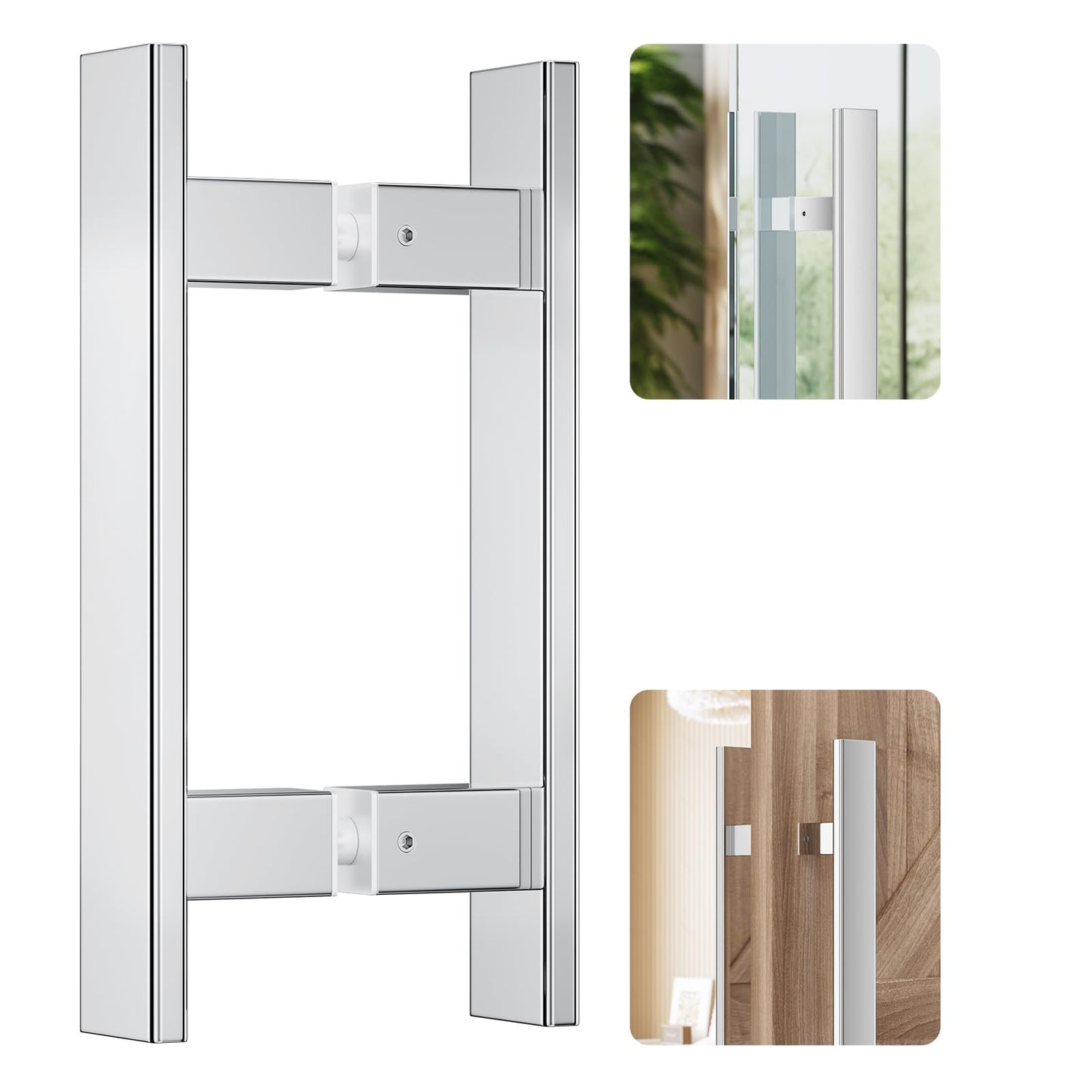 Ranbo H-Shaped 12" Rectangle Push Pull Door Handle,Back to Back,200mm (7-7/8 inch) CTC,1.2 mm Thick 304 Stainless Steel,for Barn Front Wood Shower Commercial Entrance Door,Polished Chrome