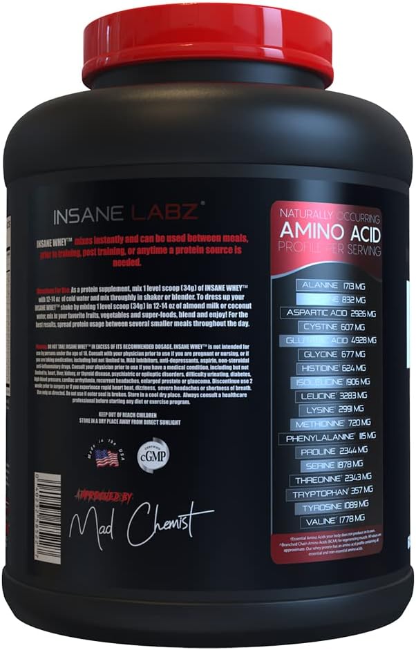 Insane Labz Insane Whey,100% Muscle Building Whey Protein, Post Workout, BCAA Amino Profile, Mass Gainer, Meal Replacement, 5lbs, 60 Srvgs, (Vanilla)