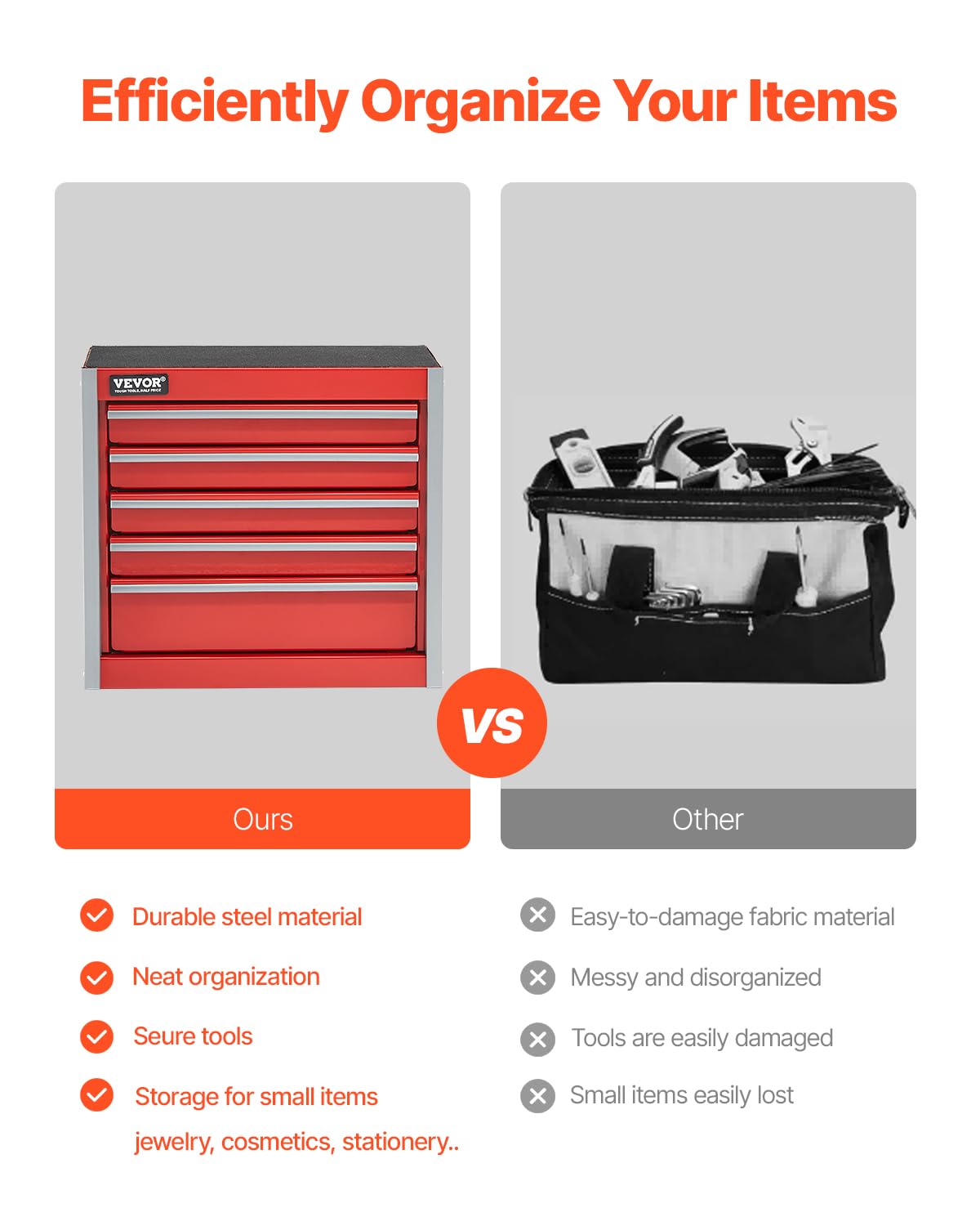 VEVOR Metal Tool Box, 8.6-inch, Portable Metal Tool Box with 5 Drawers, Small Tool Chest with EVA Liners and PP Feet Pads, Heavy-Duty Steel With Ball Bearing Opening and Powder Coated Finish, Red