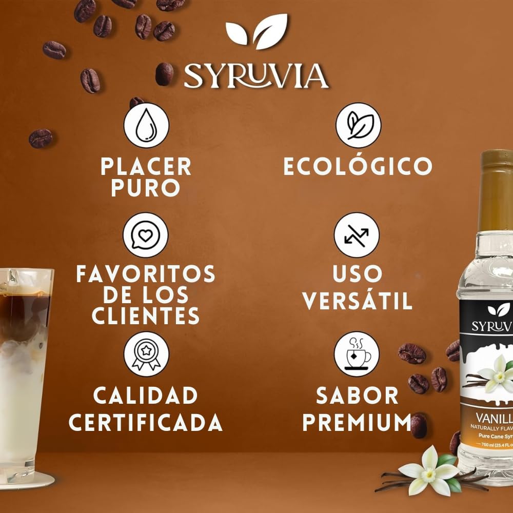 Syruvia Vanilla Syrup for Coffee - Flavorful Vanilla Syrup for Lattes & Beverages - 25.4 fl oz with Pump