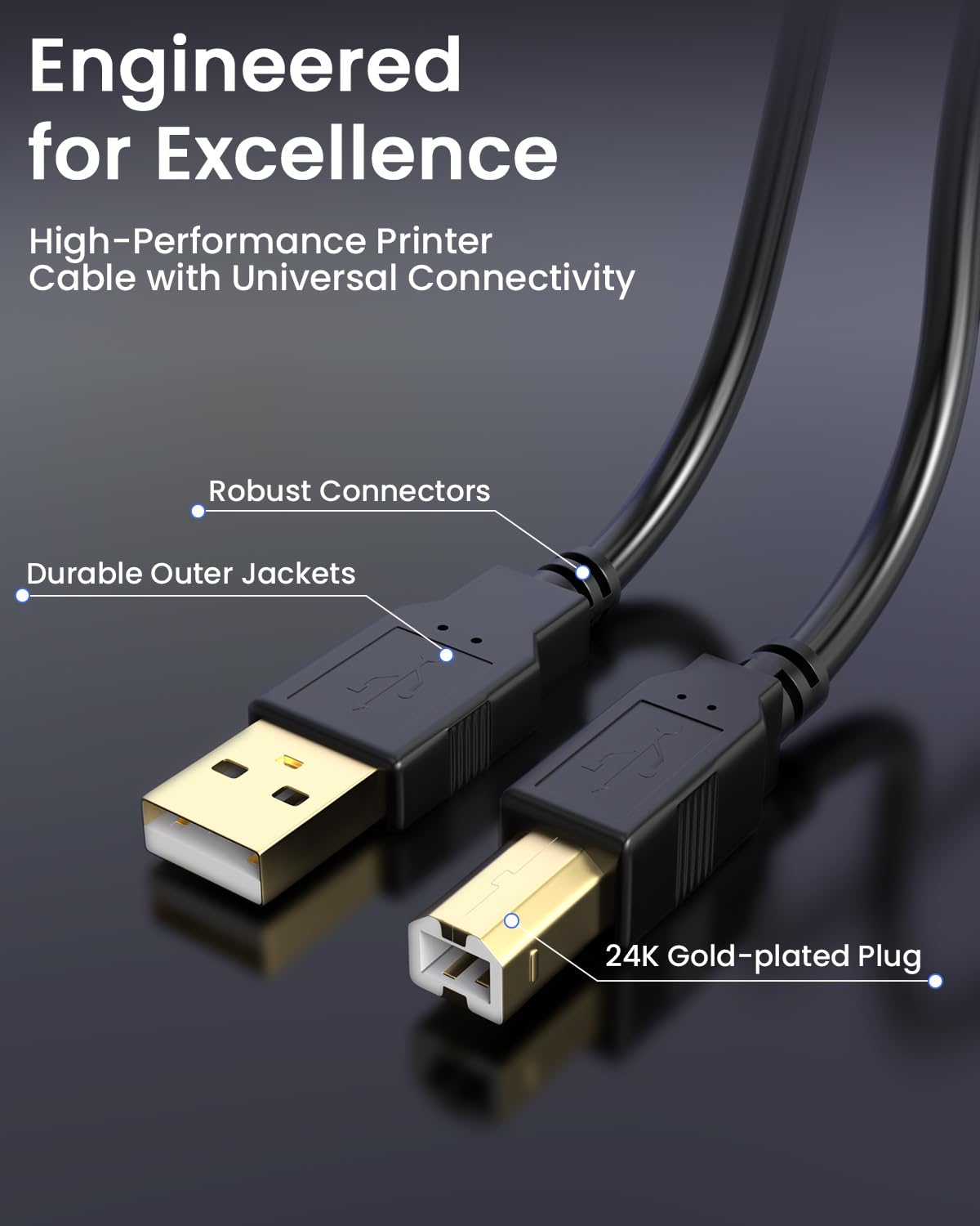 Bicmice 2.0 480 5Ft USB-A to USB-B Printer Cable Mbps High-Speed for Hp Canon Brother Samsung Dell Epson Lexmark Xerox