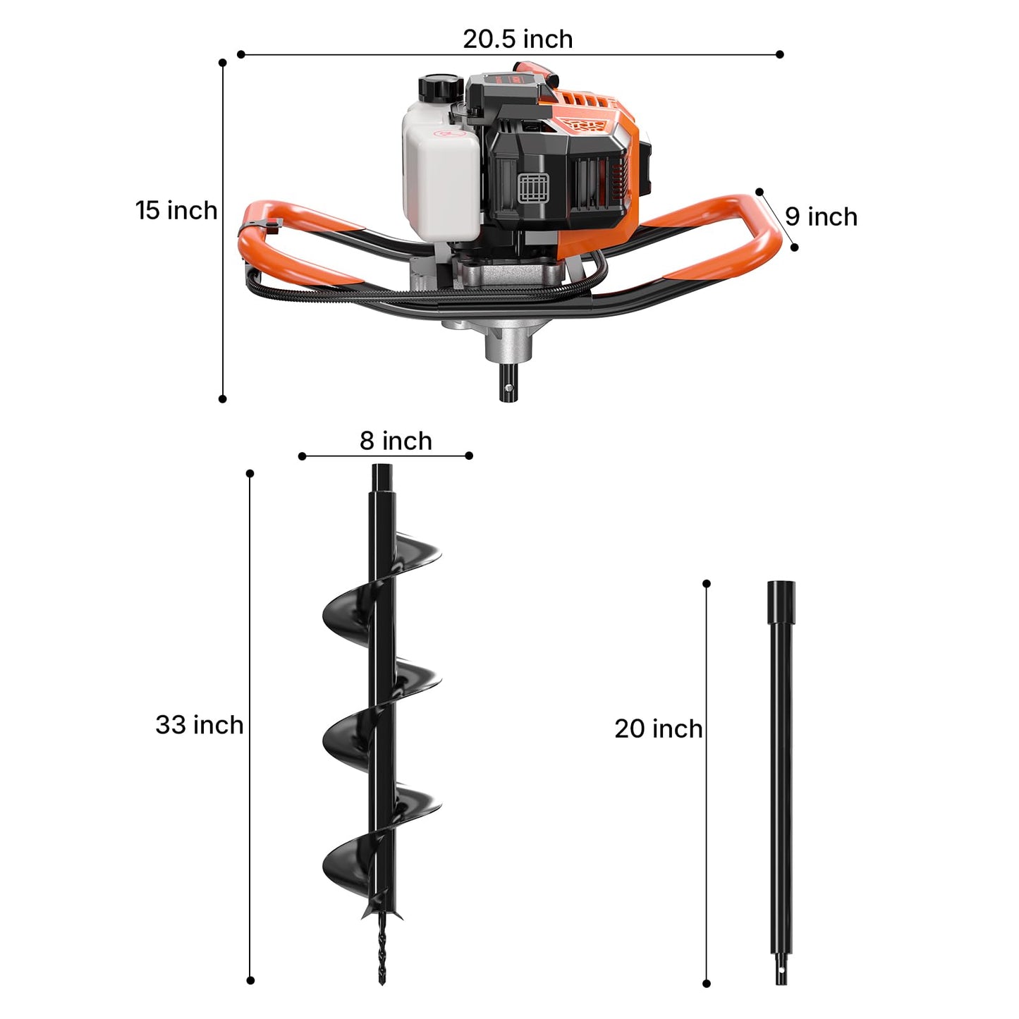 WORKIT 43CC Post Hole Digger, Auger Post Hole Digger Easy Start, 2-Cycle Xtreme Engine, Gas Powered Earth Auger with 8" Auger Drill Bit, 20" Extension Rods, EPA Certification, for Farmland, Garden