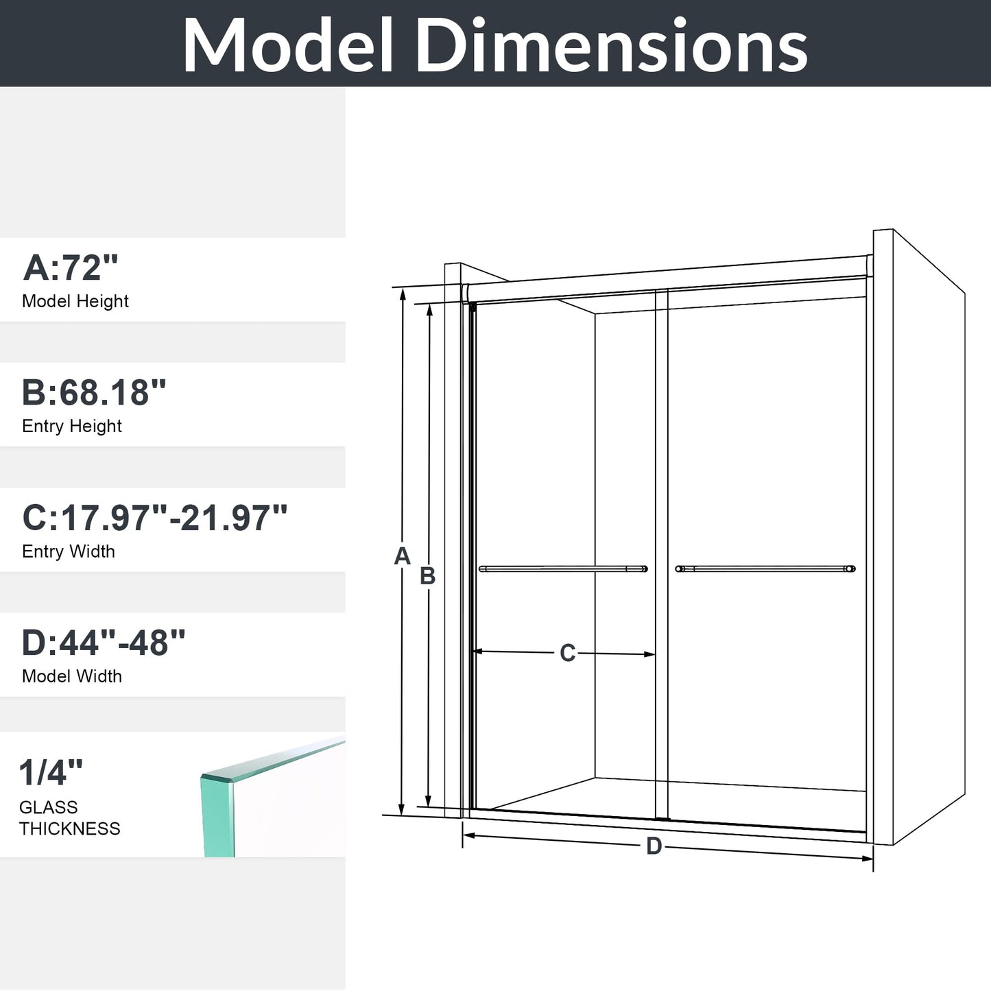 44-48" W x 72" Shower Door, Semi-Frameless Double Sliding Glass Shower Door, 1/4 inch Clear Tempered Glass Door for Walk-in Shower Matte Black