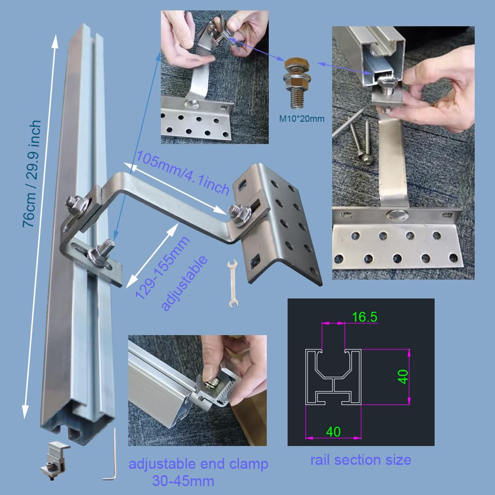 Solar Panel Mounting Bracket Kit to Metal Roof Sloped or Flat Pitched Tile Shingle Roofs for 1-4pcs Solar Panels Dual Adjustable