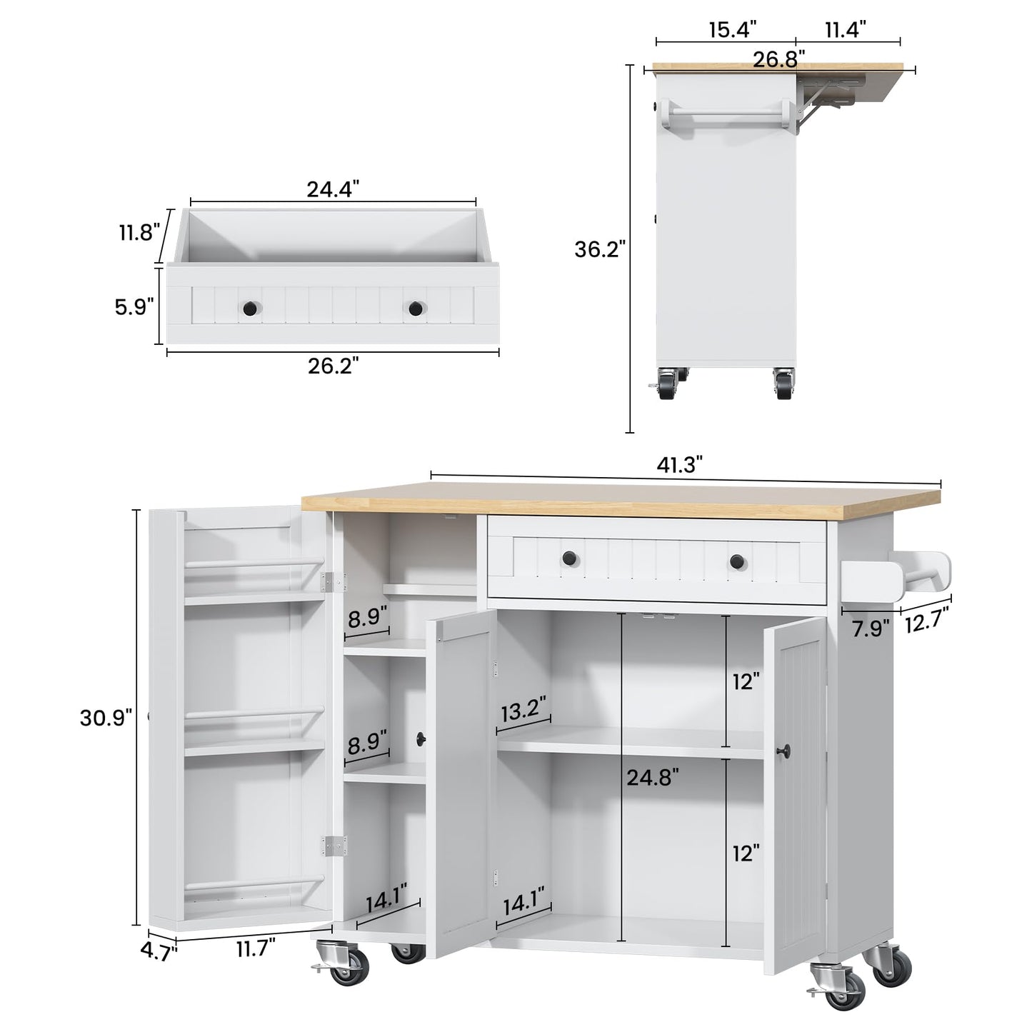 Bigbiglife Kitchen Island with Drop Leaf, Island Table on Wheels with Storage Cabinet, Modern Sideboard Buffet with Doors, Rolling Kitchen Island Cart for Dinning Room,White