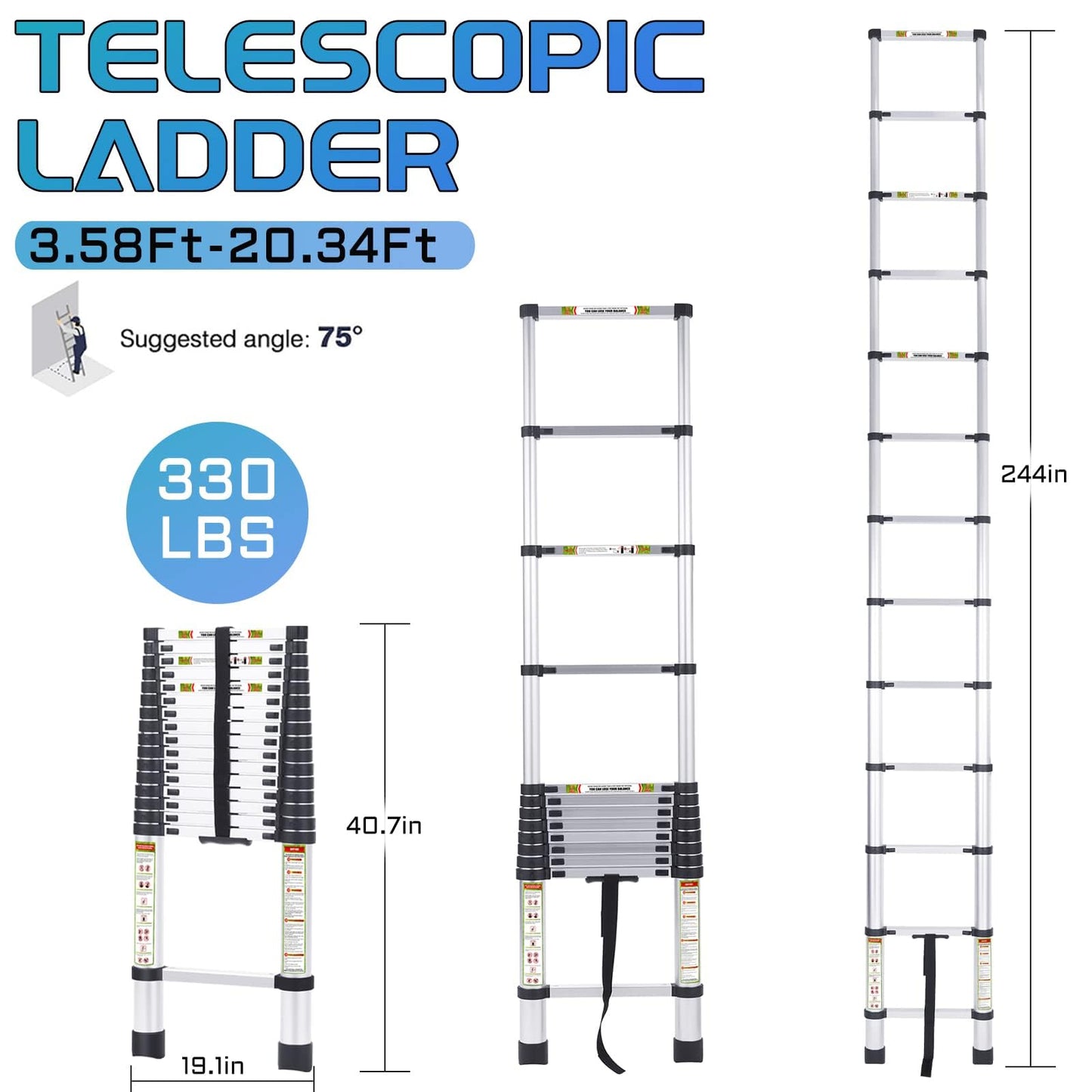 RIKADE Telescoping Ladder 20.3FT & Attic Ladder, Heavy Duty Aluminum with Non-Slip Feet, 330lb Capacity for RV, Attic, Roof & Multi-Surface Use