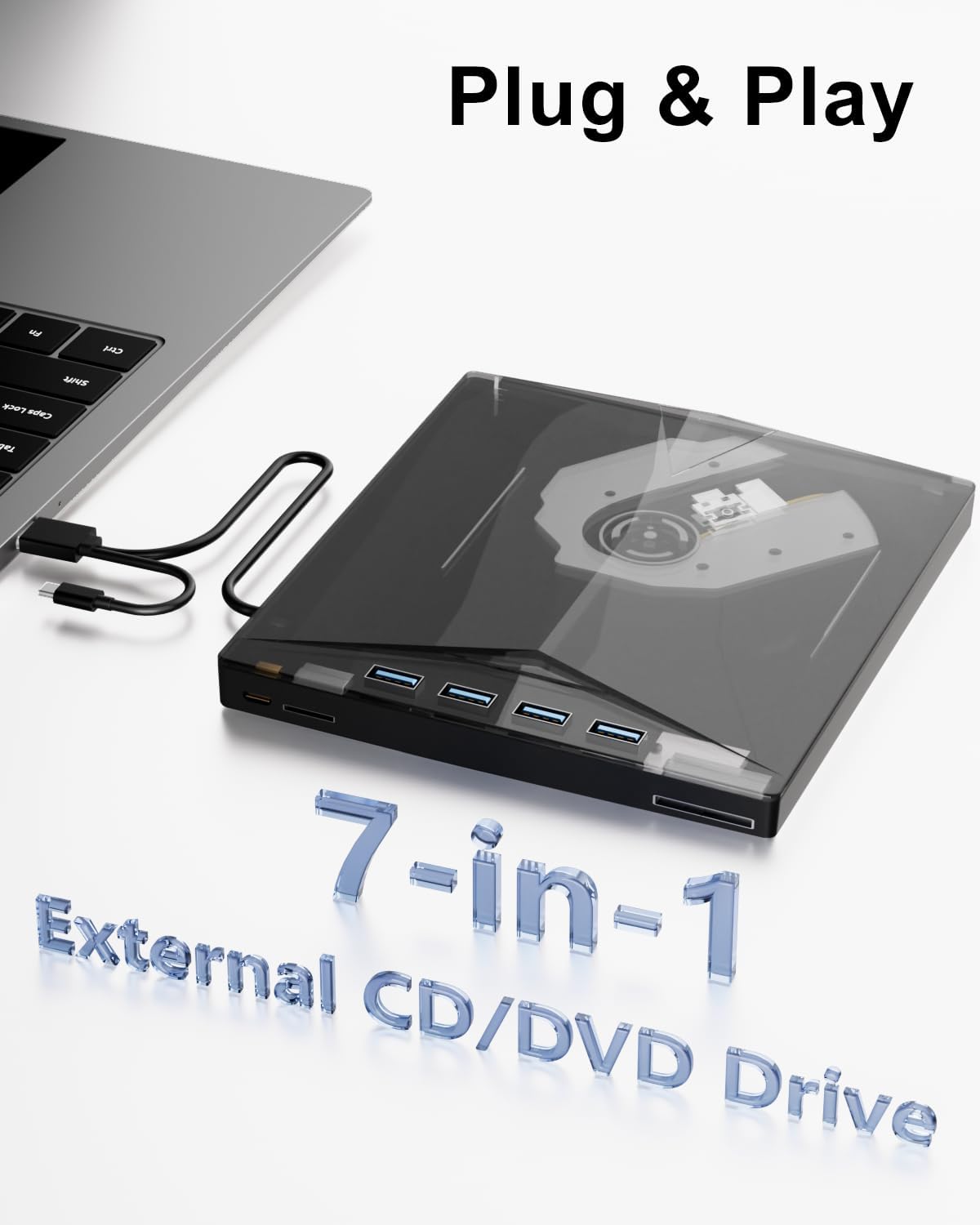 Alphami 7-in-1 2 3.0 External CD/DVD Drive for Laptop, External DVD Drive with USB Ports, External DVD Burner