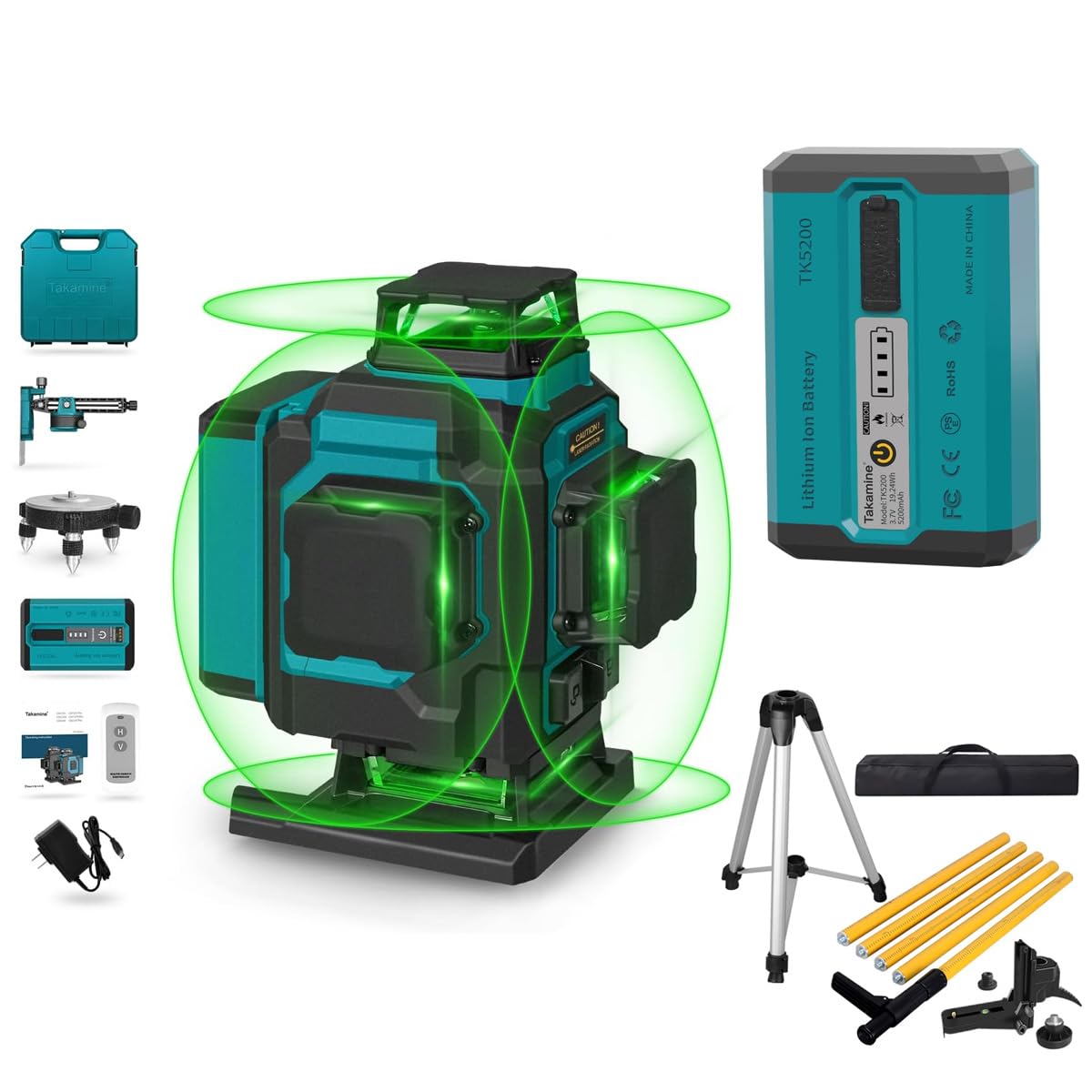 Takamine 16 Lines Green Laser Level Pro with Adjustable Telescoping Pole and an Extra Li-Ion Battery.