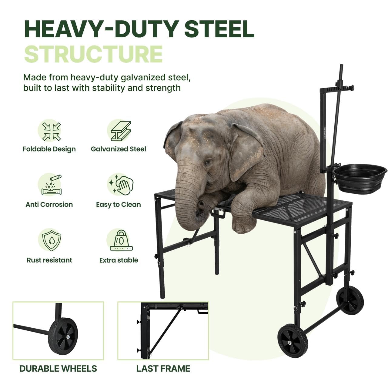 Goatzy Goat Stand with Adjustable Headpiece & Legs, Goat Milking Stand with Feeder, Rails & Wheels, Stanchion for Grooming & Hoof Trimming, Sheep Stand for Shearing Heavy-Duty Steel Platform, Black