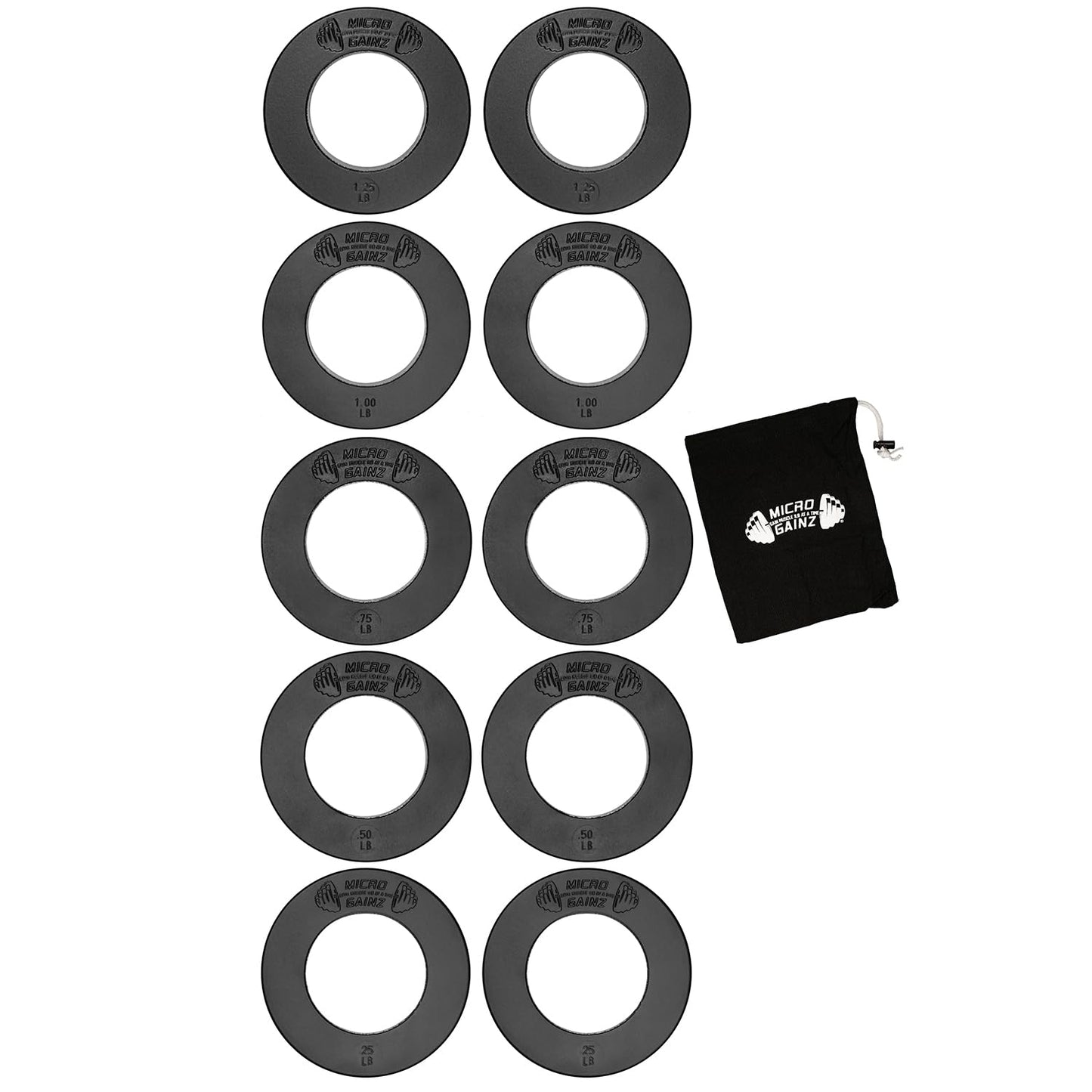 Micro Gainz Olympic Fractional Weight Plates Set, 10 Piece Olympic Weight Plates Set with Bag, Designed for Olympic Barbells for Strength Training and Micro Loading, Made in USA (Black)