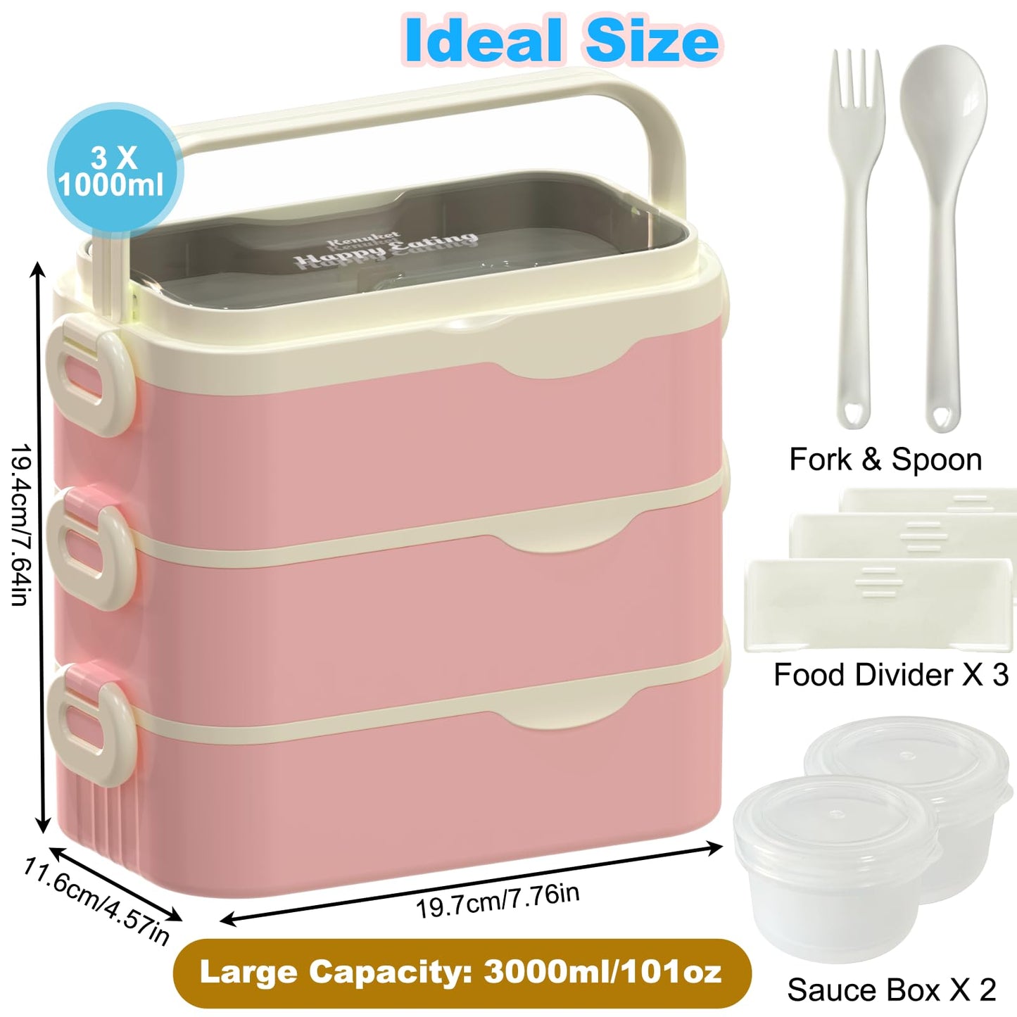 Kenuket Bento Box Adult Lunch Box, Stackable 3 Layers Large Capacity Lunch Containers, Microwave and Dishwasher Safe Food Grade Containers with Utensils, Dividers and Sauce Boxes for Men, Women, Kids