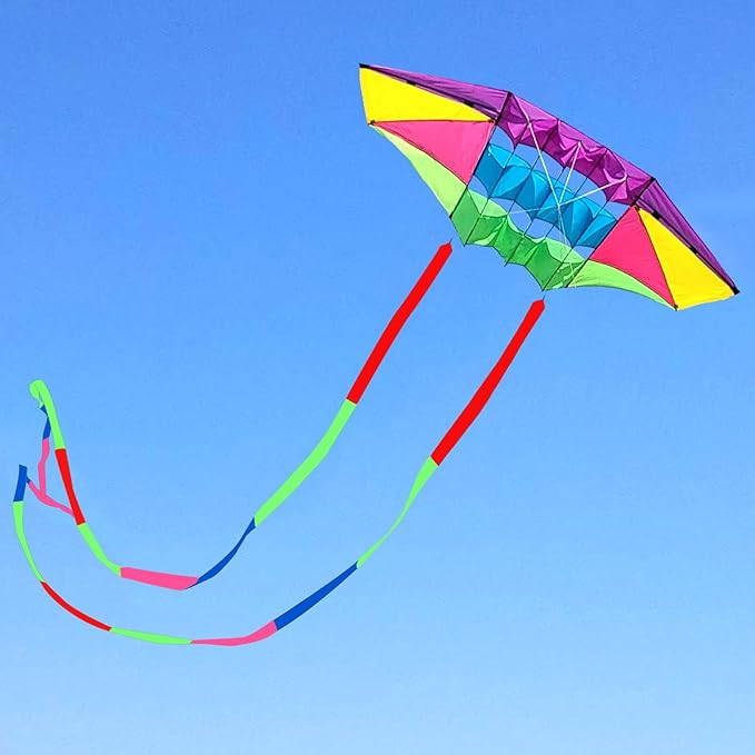 Beach Kites for Adults Large with Long Tail, 98 inches Super Easy Flyer 3D Rainbow Box Kites, Comes with Two 49 Feet Multi Colors Tails, 300 ft Kite String & Handle