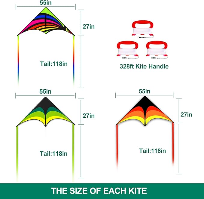 Mint's Colorful Life 3 Pack Delta Kite Set for Kids & Adults, Easy to Fly Large Kites for Beginners, Perfect Family Kites for Park and Beach Trip with 300ft String Included
