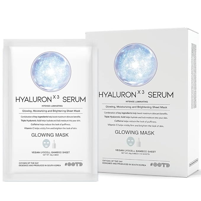 #OOTD Triple Hyaluron Hydrating Mask for Dry and Sensitive Skin, Anti Aging, Tightening and Moisturizing, Korean Vegan Beauty, Hyaluronic Acid, Caffeine, Vitamin C 10EA