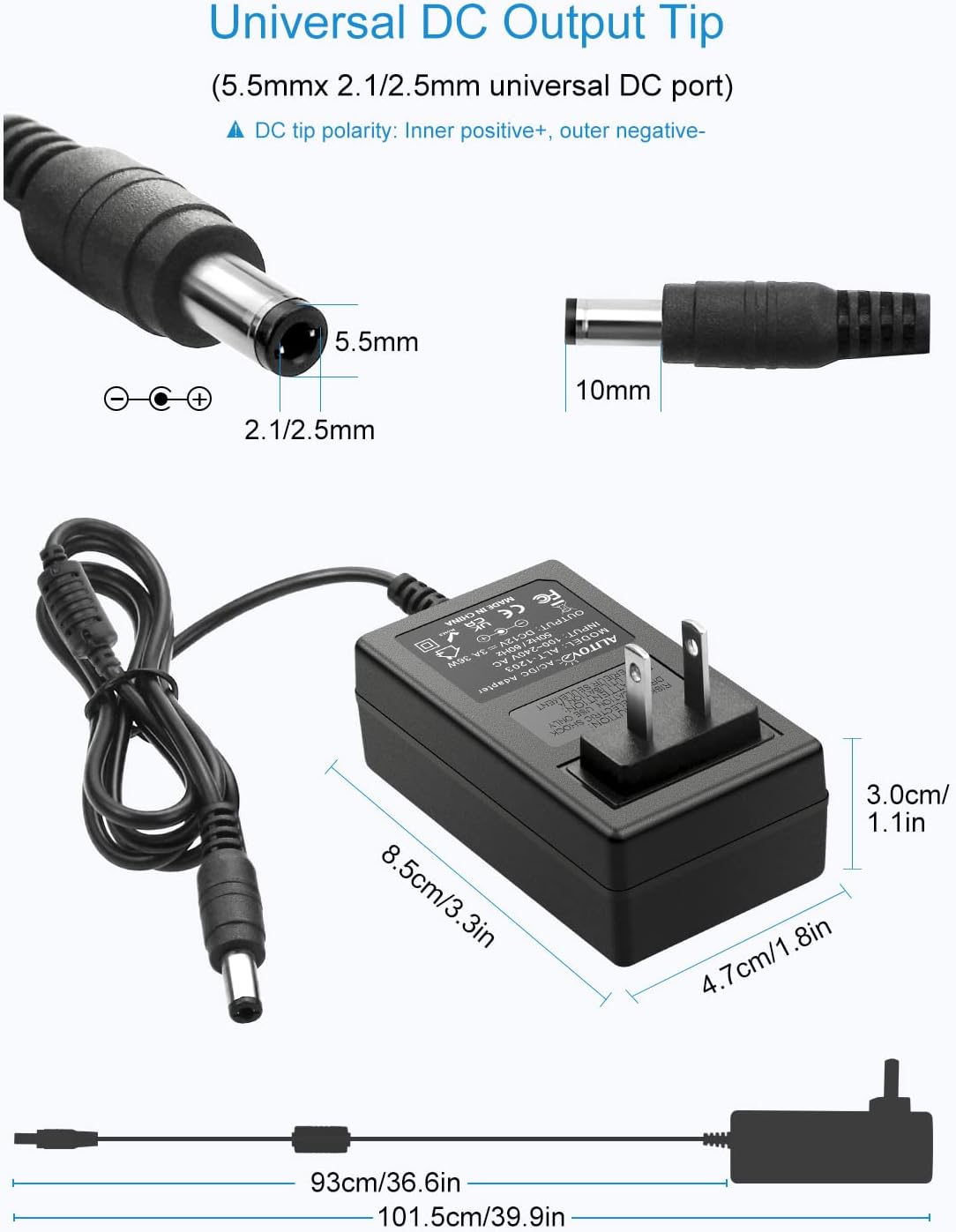 ALITOVE 12V 12 3A 36W 12V 2.5A 2A 5.5x2.5mm 3D 2-Pack Power Supply Volt AC/DC Adapter DC Power Cord AC to DC Converter