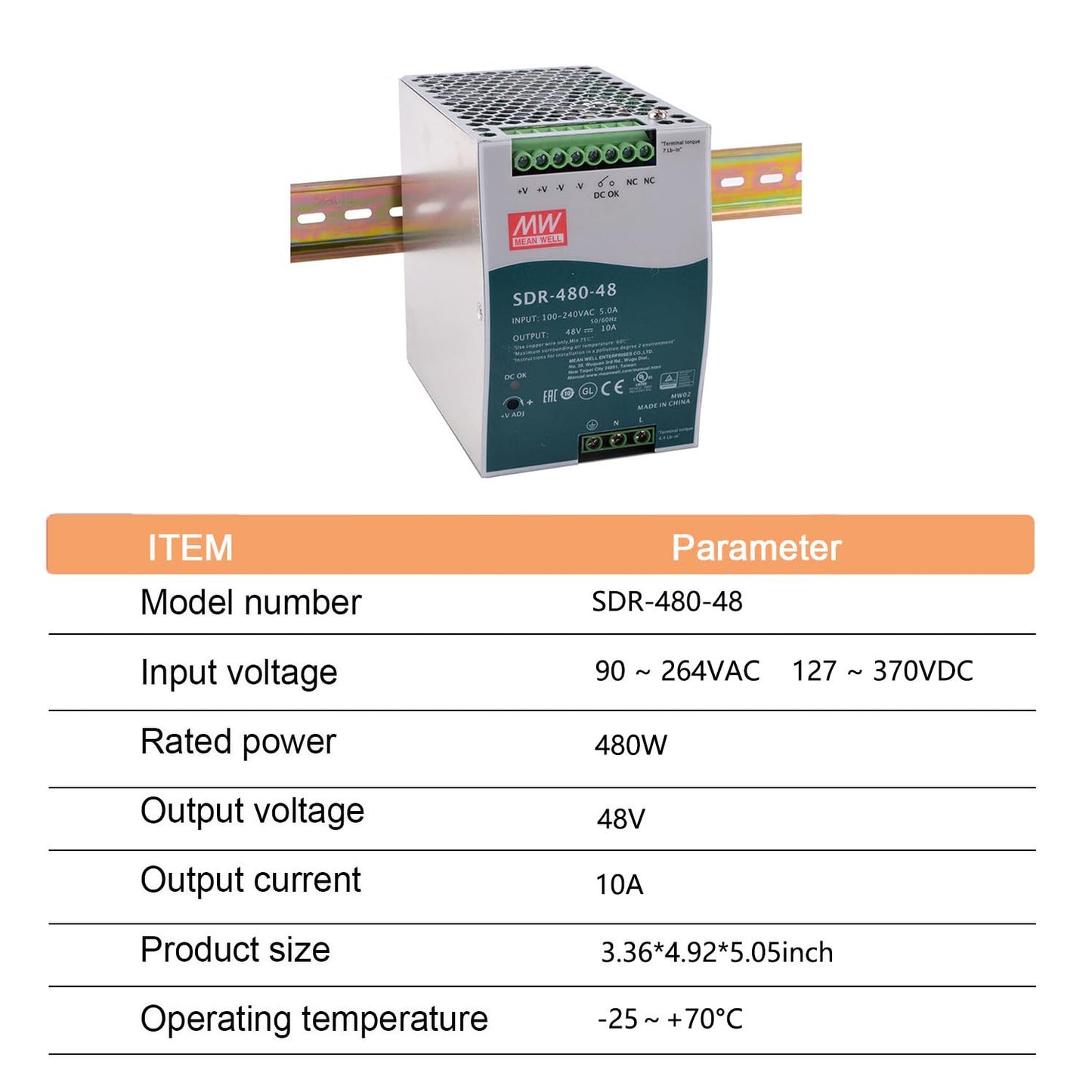 MedInnov SDR-480-48 480W 48V 10A High Power Industrial Power Supply - Robust and Reliable for Demanding Electromechanical Equipment Applications, DIN Rail Mount