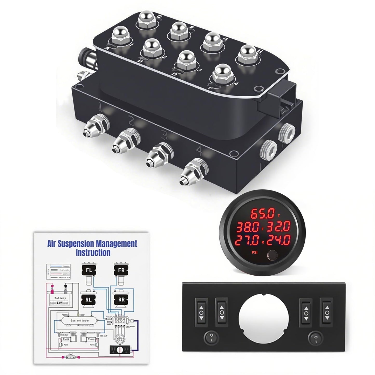 CNWZYMX 12V Air Management Featuring 8-Valve Air Ride Suspension Manifold, Simplify Control Panel and Ship Type Switch and Five-Way Red Display Air Pressure Gauges