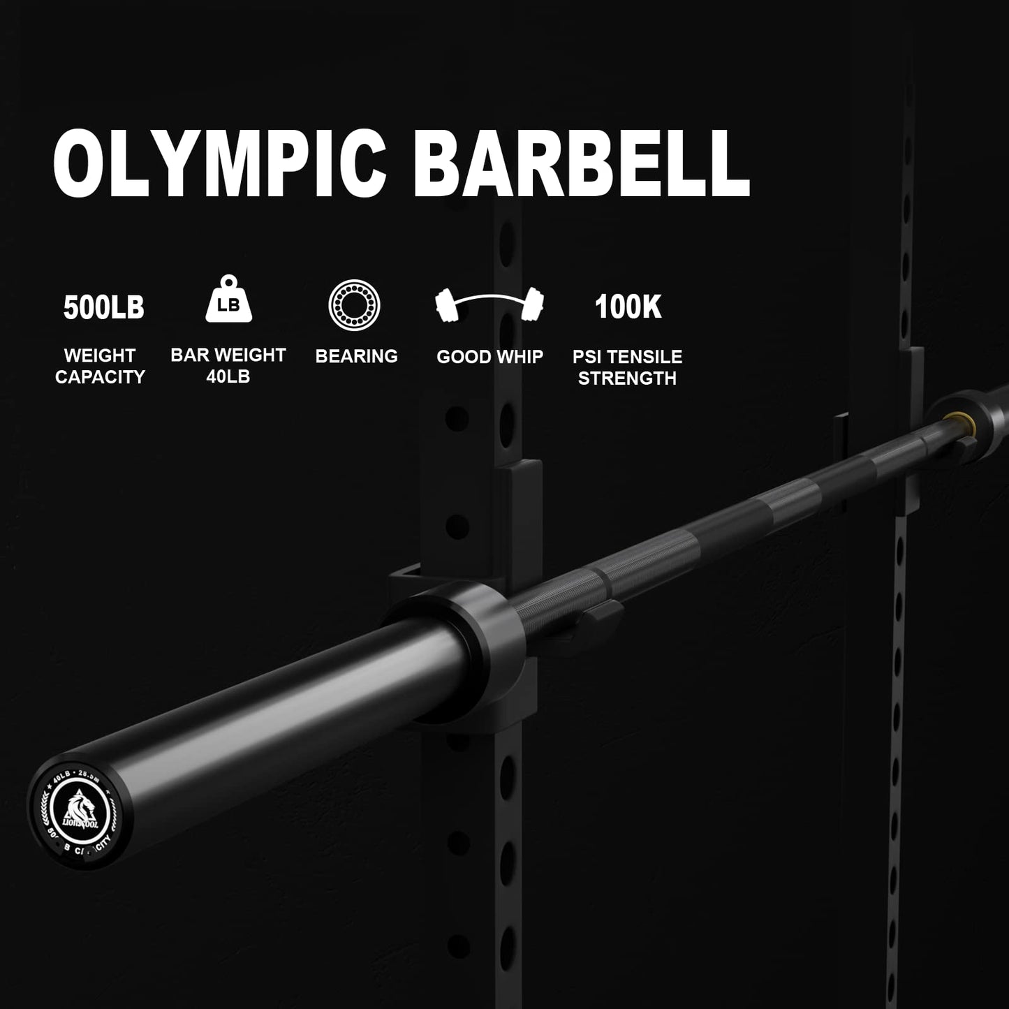 LIONSCOOL 7ft Olympic Barbell (40lbs Weight, Black E-coating, 500LBS, Center Knurl)