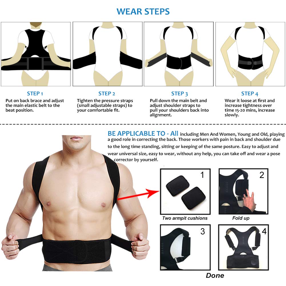 Thoracic Back Brace Posture Corrector - Magnetic Support for Neck Shoulder Upper and Lower Back Pain Relief - Perfect Posture Brace for Cervical Lumbar Spine - Fully Adjustable Belt (Black, XX-Large)