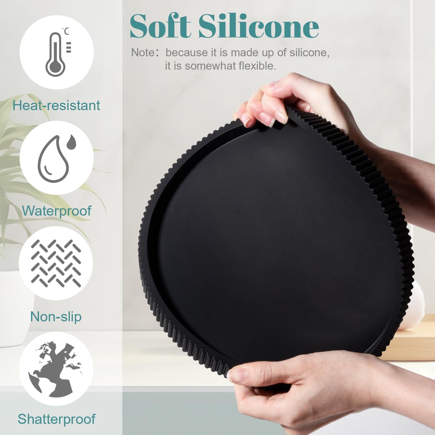 Silicone Bathroom Tray Round Kitchen Counter Organizer Decorative Vanity Accessories Coffee Table Decor for Perfume, Candle, Soap Dish, 9 Inch, Black