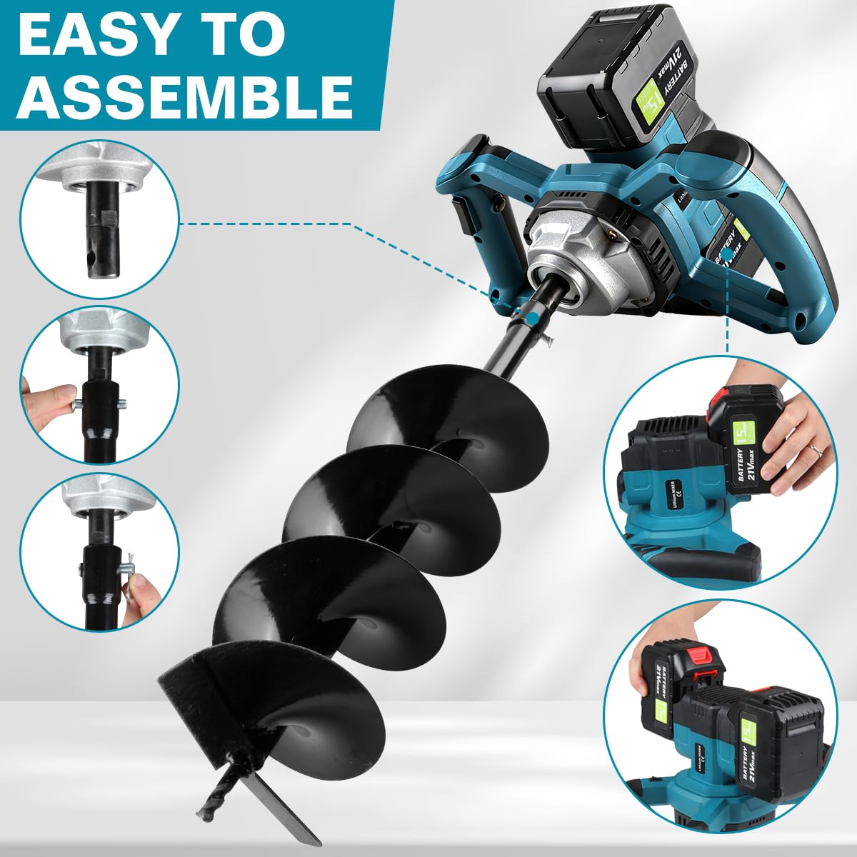 Auger Post Hole Digger,Post Hole Auger,Electric Earth Auger,Includes 2 Drill bit.Two Batteries and Dual-Port Fast Charger,Forward/Reverse Function,for Post Hole Digging,Drilling,Tree Planting