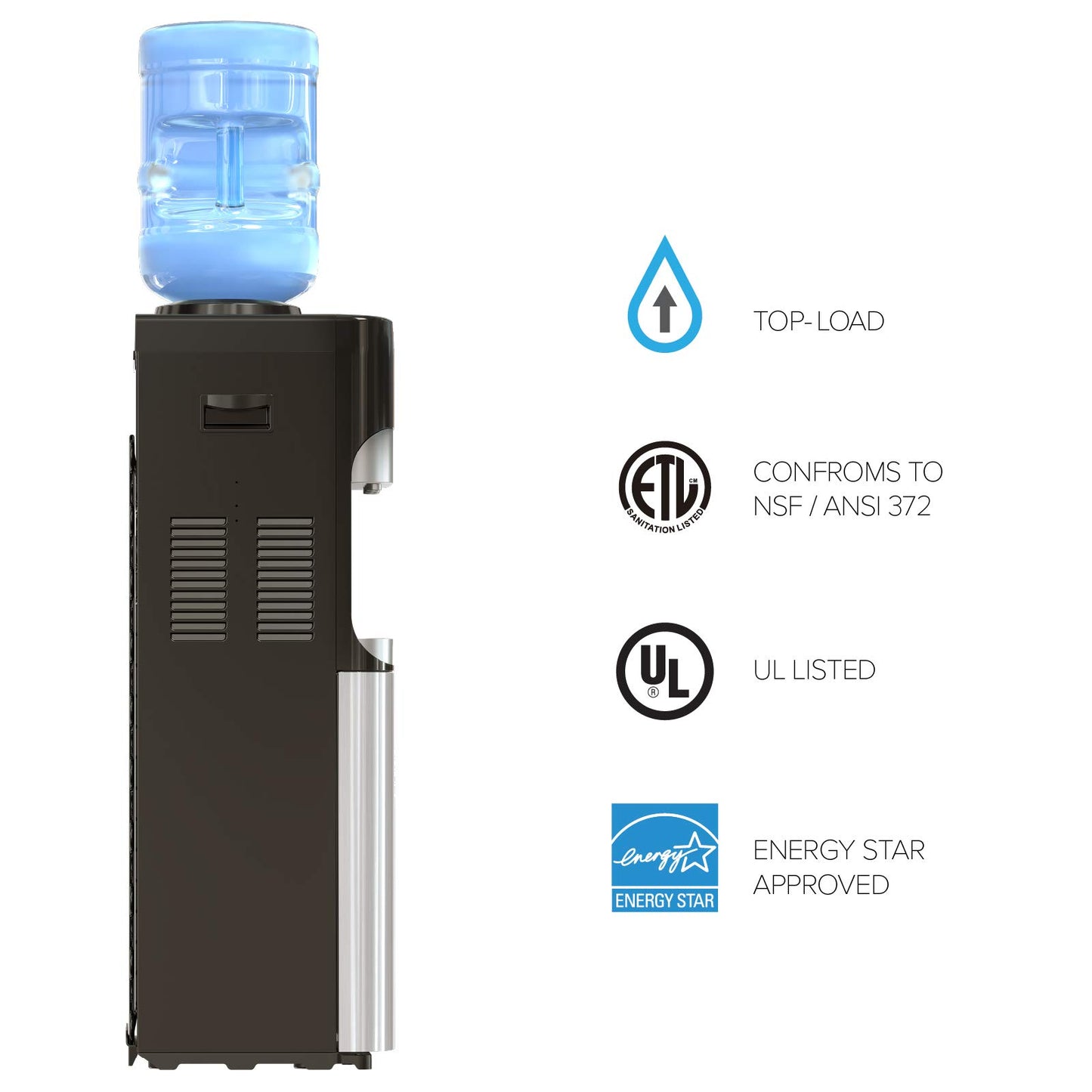 Brio Essential Series Top Loading Water Cooler Dispenser - Tri Temp Dispense, Child Safety Lock, Holds 3 or 5 Gallon Bottles - UL/Energy Star Approved