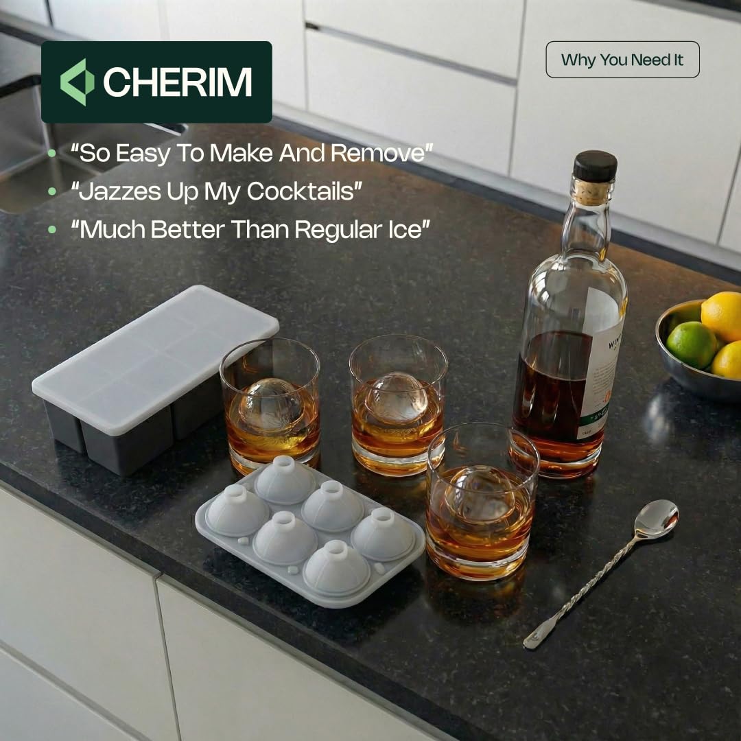 Cherim Large Ice Cube & Sphere Mold Set – 6 Whiskey Ice Cubes (2.2") + 6 Ice Spheres (2.4"), Silicone Ice Tray for Bourbon, Cocktails, Slow Melting, Easy Release, BPA-Free