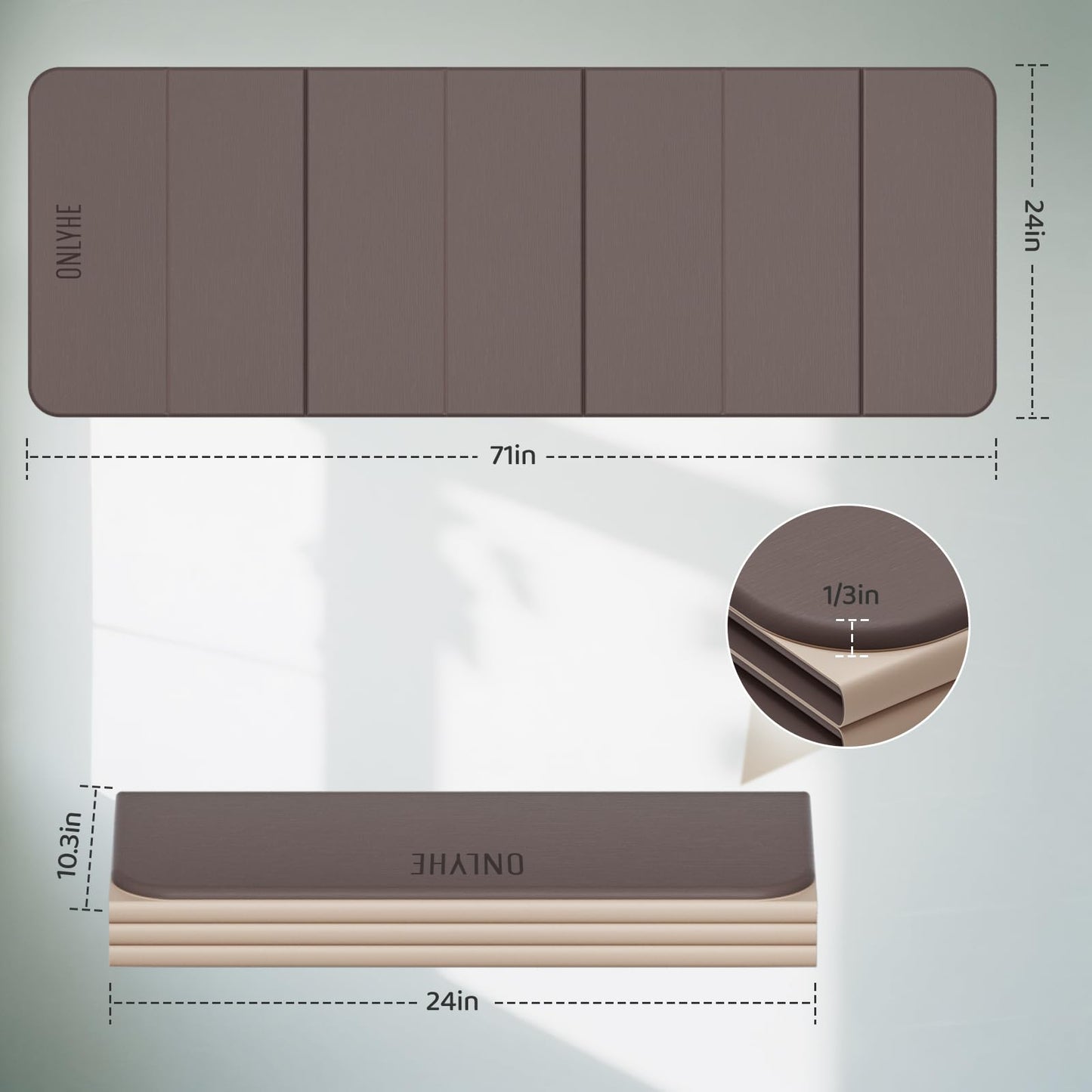 ONLYHE Foldable Yoga Mat Exercise Mat for Home Workout, Comfortable and Durable, 8mm Thick Portable Folding Mat, Non-Slip, Pilates Mat Thick, Outdoor Use, Meditation, Travel, Camping (71"x24" x 0.3") (Light brown + Beige)