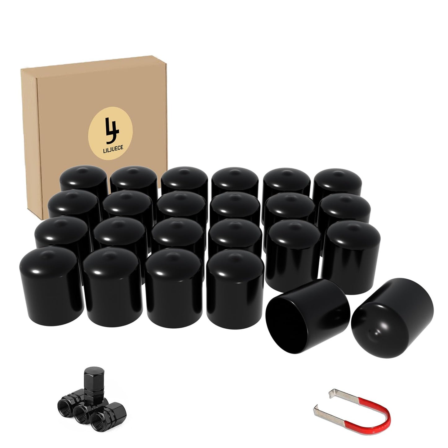 LILJUECE Lug Nut Covers- 24PCS 21-23mm Inner Flexible Fit Anti-Skid Treatment Wheel Lug Nut Cap with Removal Clip and 4 Tire Valve Stem Caps (Black)