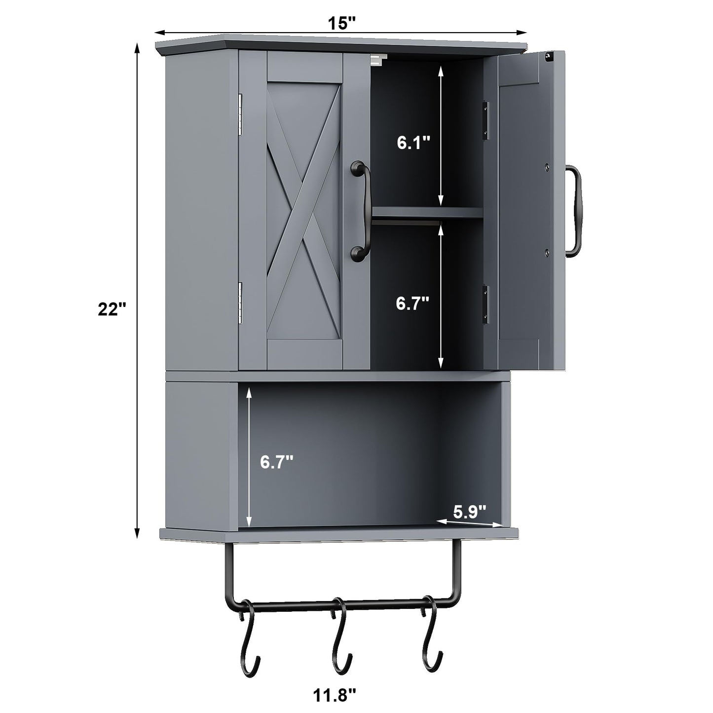 ChooChoo Farmhouse Medicine Cabinet, Bathroom Wall Cabinet with Adjustable Shelf, Towel Bar, 3 Hooks, Over The Toilet Storage Cabinet for Bathroom, Kitchen, Grey