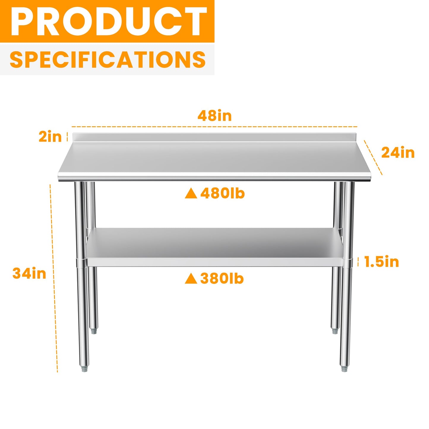 Derro Stainless Steel Table for Prep & Work, 24 x 48 in, Metal Commercial Heavy Duty Table with Backsplash and Adjustable Under Shelf and Foot for Restaurant, Home and Hotel