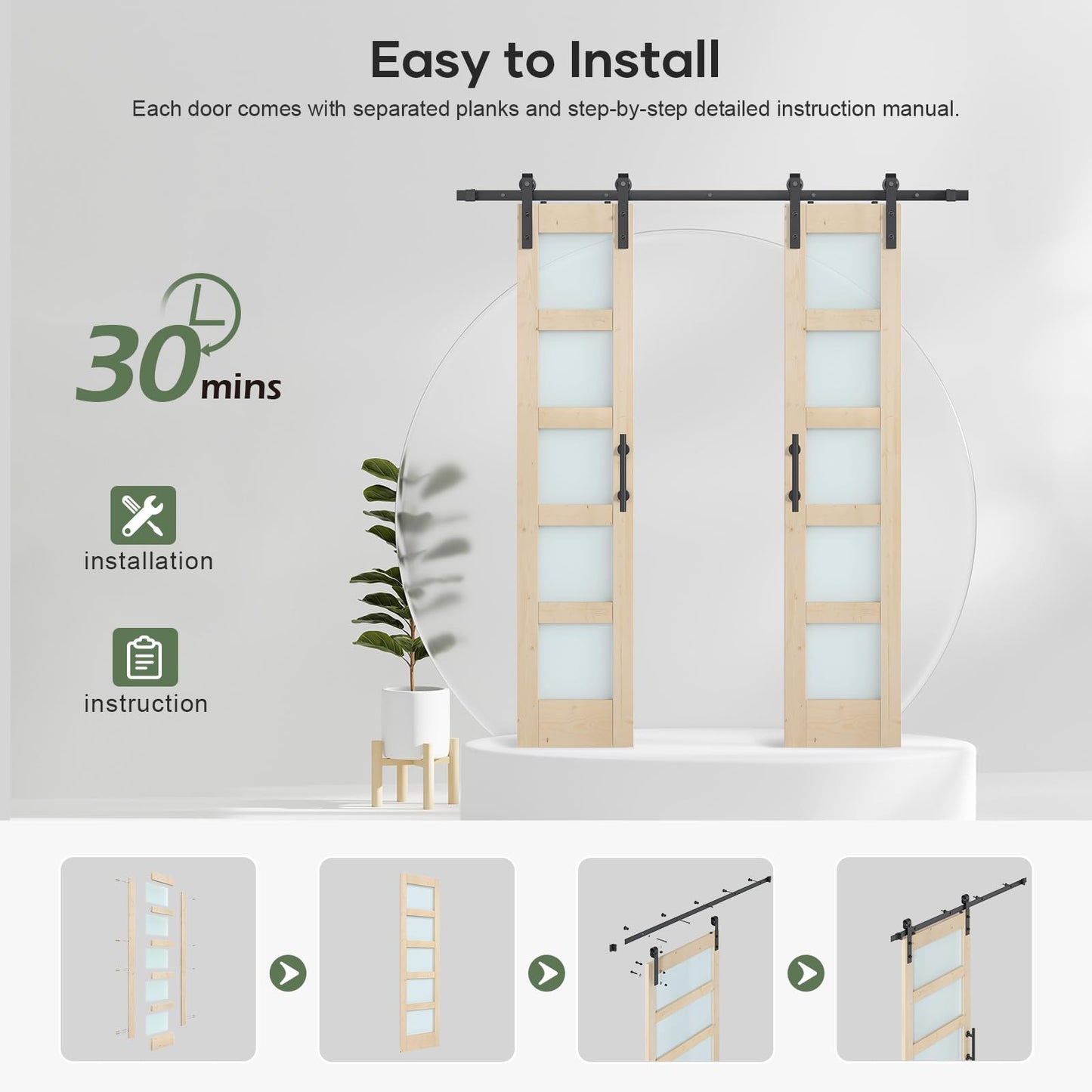 ROYMELO Double 18×84 inch Glass Sliding Barn Door Slab with 6.6ft Hardware Kit Included, 5-Panel Frosted Glass, Spruce Wood Support DIY Dyeing, Easy Assembly