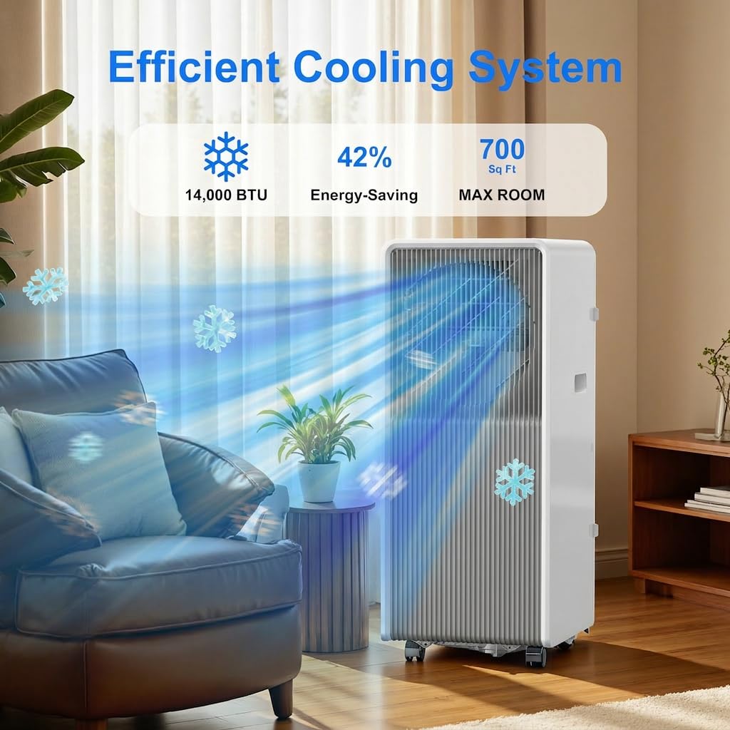 14,000 BTU Portable Air Conditioners for Rooms Up To 700 Sq.Ft. Portable AC, Dehumidifier, 24H Timer, Sleep Mode & Water level indication, Remote Control & Window Kit, White & Grey