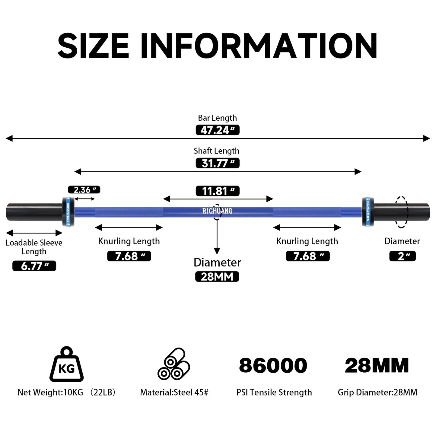 Olympic Barbell 4FT 22LB – 2" Weightlifting Bar for Home Gym Fitness, Squats, Deadlifts, Hip Thrusts, Bench Press, Strength Training – 400LB Capacity – Blue