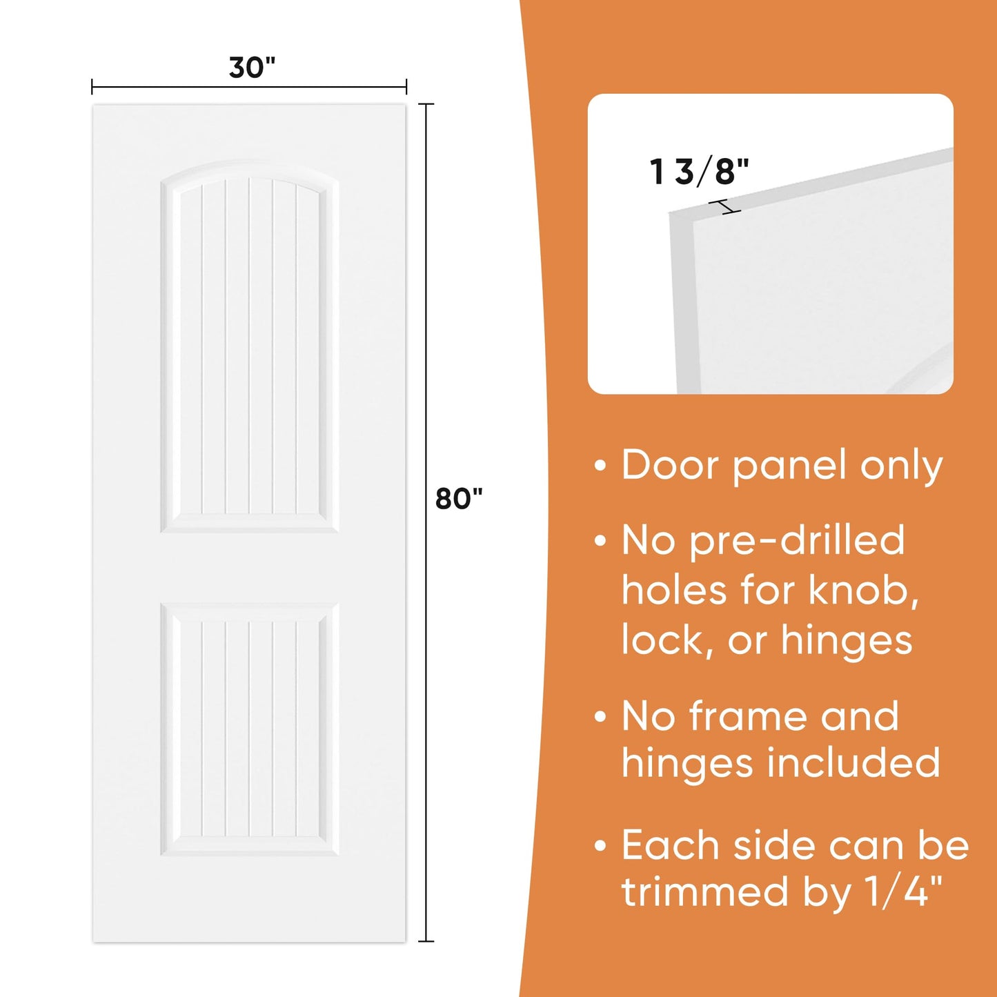 BARNSMITH 30x80 in 2-Panel Arch Top Plank Primed Molded Door Slab, Classic White Paintable Hollow Core Interior Door Panel, for Swing, Pocket, Sliding Door, Durable and Lightweight