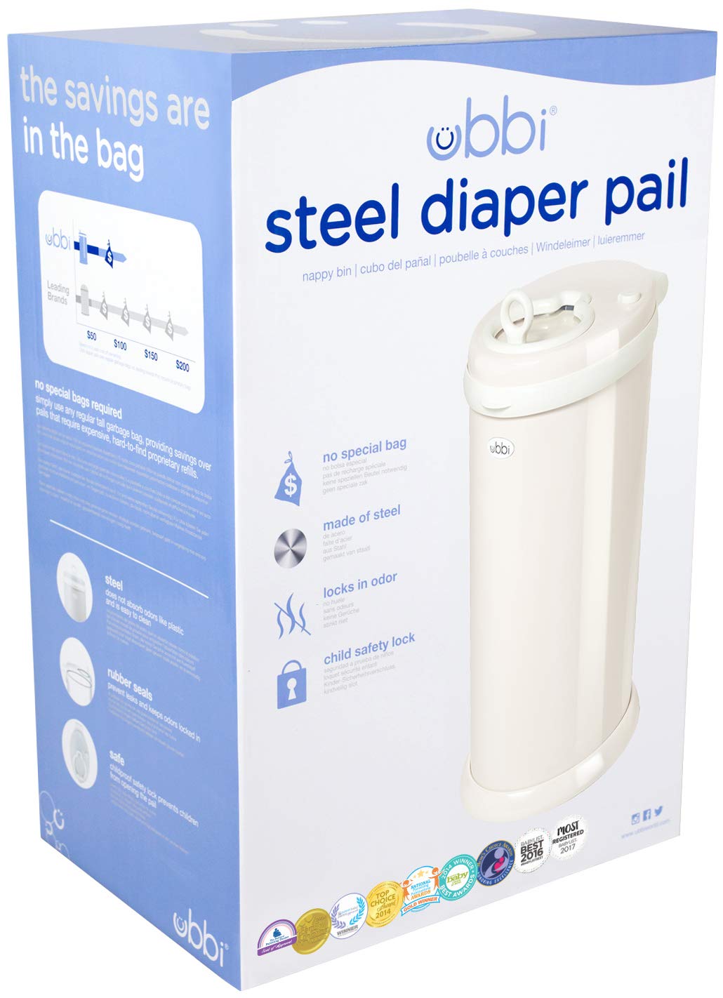Ubbi Steel Diaper Pail, Odor Locking, No Special Bag Required, Award-Winning, Registry Must-Have, Ivory