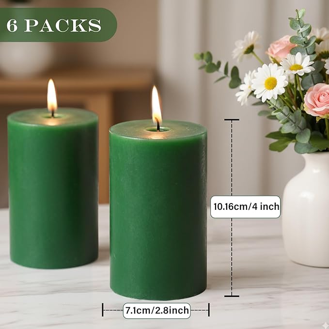 Green Pillar Candles - 6 Packs, 2.8x4 Inch, Unscented Pillar Candles Bulk, 56 Hours Long Burning Candles, Dripless & Smokeless Large Green Candles for Christmas Decor, Fireplace, Christmas,Advent