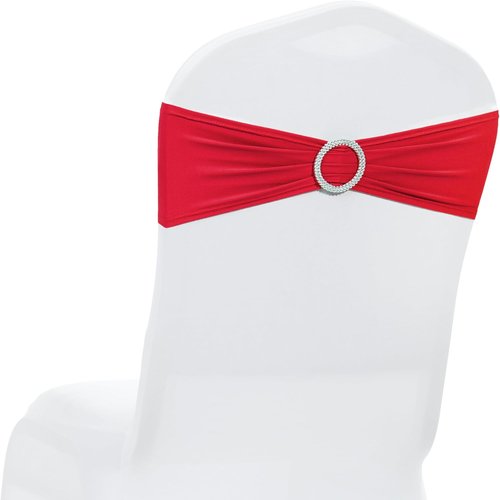 MDS Spandex Chair Sashes - 200 Pack Elastic Stretch Bands with Buckle Slider for Wedding Decor | Red