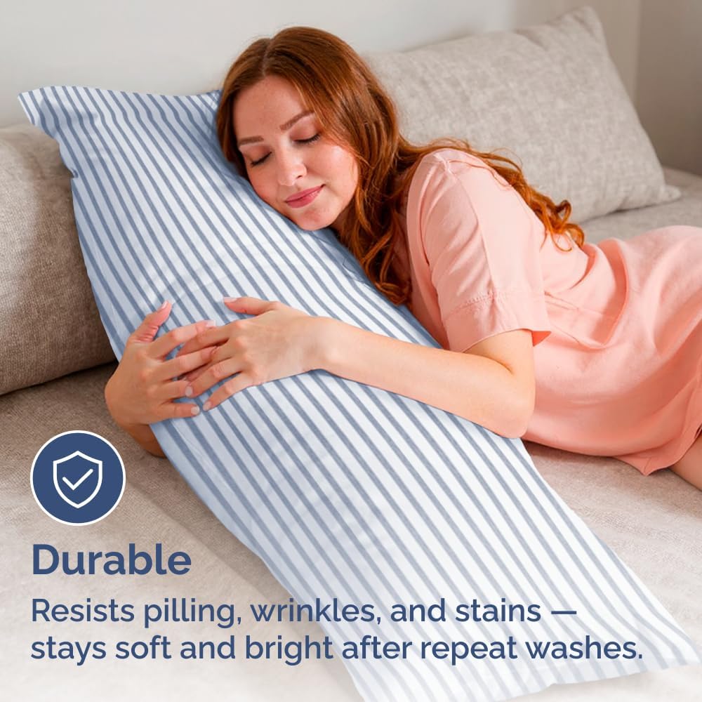 Skiennix Body Pillowcases Set of 4 | Soft & Breathable 20x54 Long Pillow Covers - Fade-Free, Machine Washable (Blue Stripes)