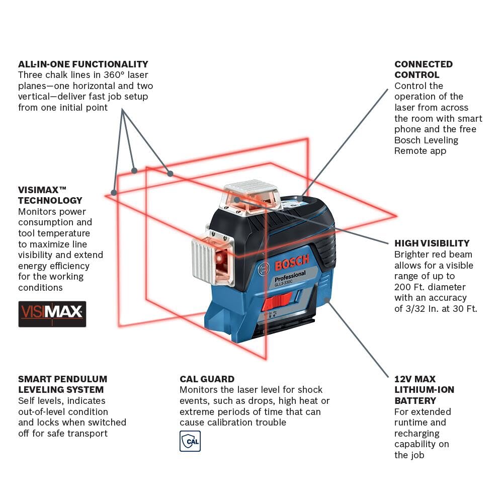 BOSCH GLL3-330C 200 Ft 12V Max Connected 360 Degree Three-Plane Leveling and Alignment-Line Laser, Includes 2.0 Ah 12V Max Lithium-Ion Battery & Charger, Heavy-Duty Pouch, & Accessories