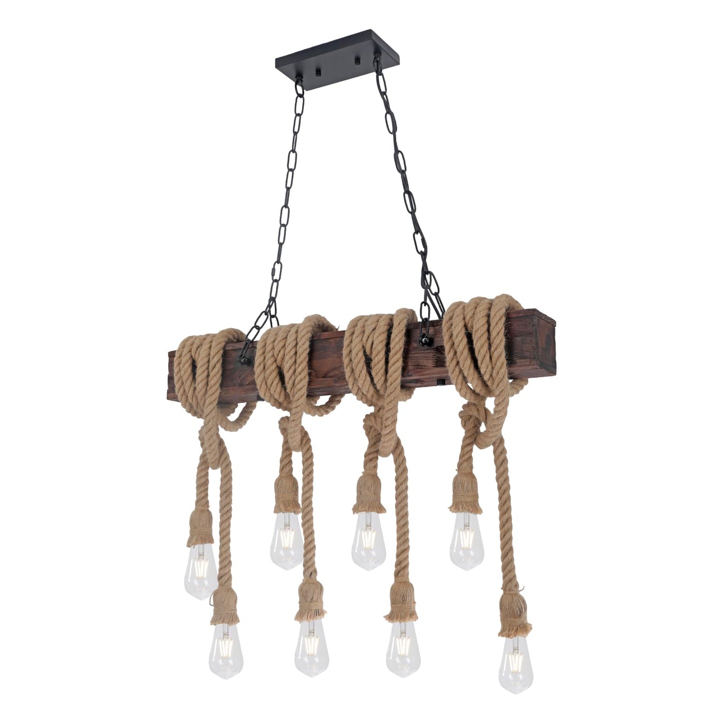 KEESFU Farmhouse Light Fixtures Rustic Chandelier，8-Light Kitchen Island Light Height Adjustable，Hemp Rope Pendant Light for Kitchen Dining Room Bar.