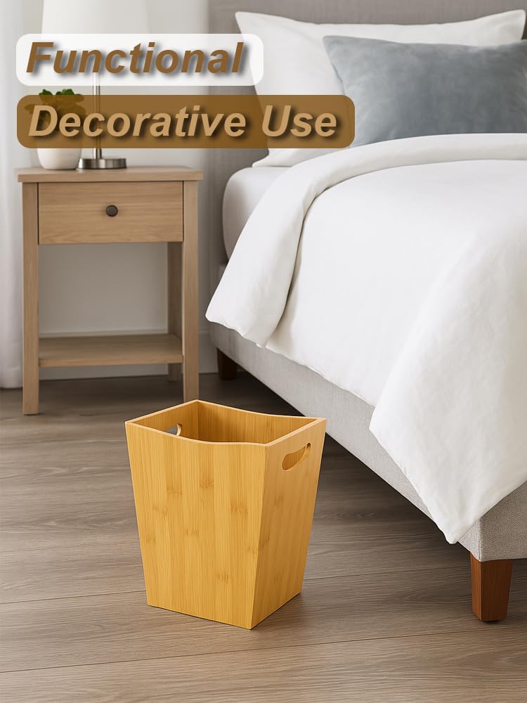 Sholramo Wood Trash Can - Bedroom Trash Can Decorative with Handles - Bamboo Small Wastebaskets for Bathroom - 2 Gallon Rectangular Waste Basket for Office, Living Room, Kitchen Under Counter